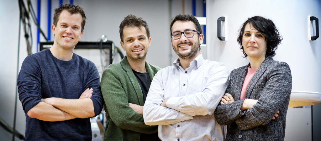 The research team (from left to right): Menno Veldhorst, Giordano Scappucci, Fabio Sebastiano, and Carmina Almudever. Photo credits: Guus Schoonewille.